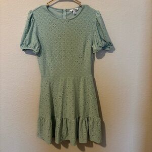 Speechless Jrs Sage Green Eyelet Puff Sleeve Mini Dress, Size Medium